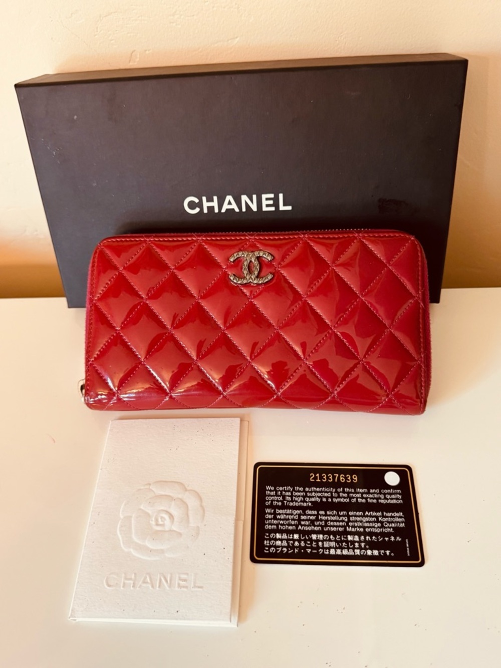 CHANEL Red Quilted Patent Leather Matelassé Long Zip Around Wallet Excellent